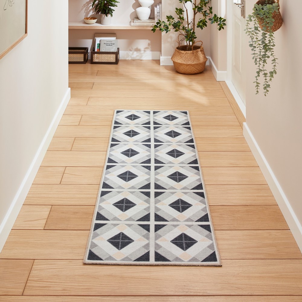 Victoria H1190 Modern Geometric Washable Runner Rugs in Grey Beige